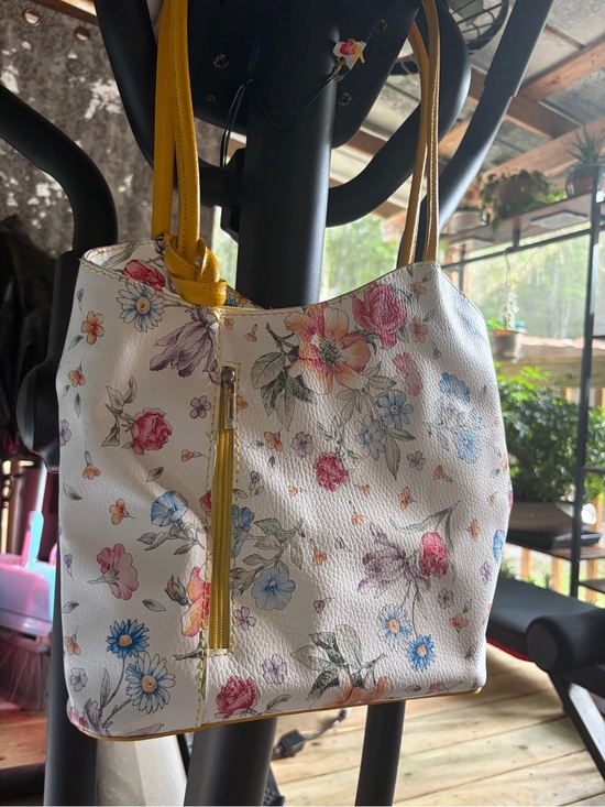 Handbags - White Floral Shoulder Bag with Yellow Handles